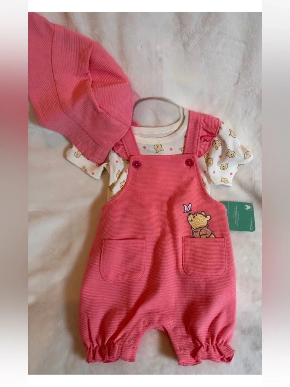 Disney Pink Winnie the Pooh Overalls Shorts Set with Matching Hat